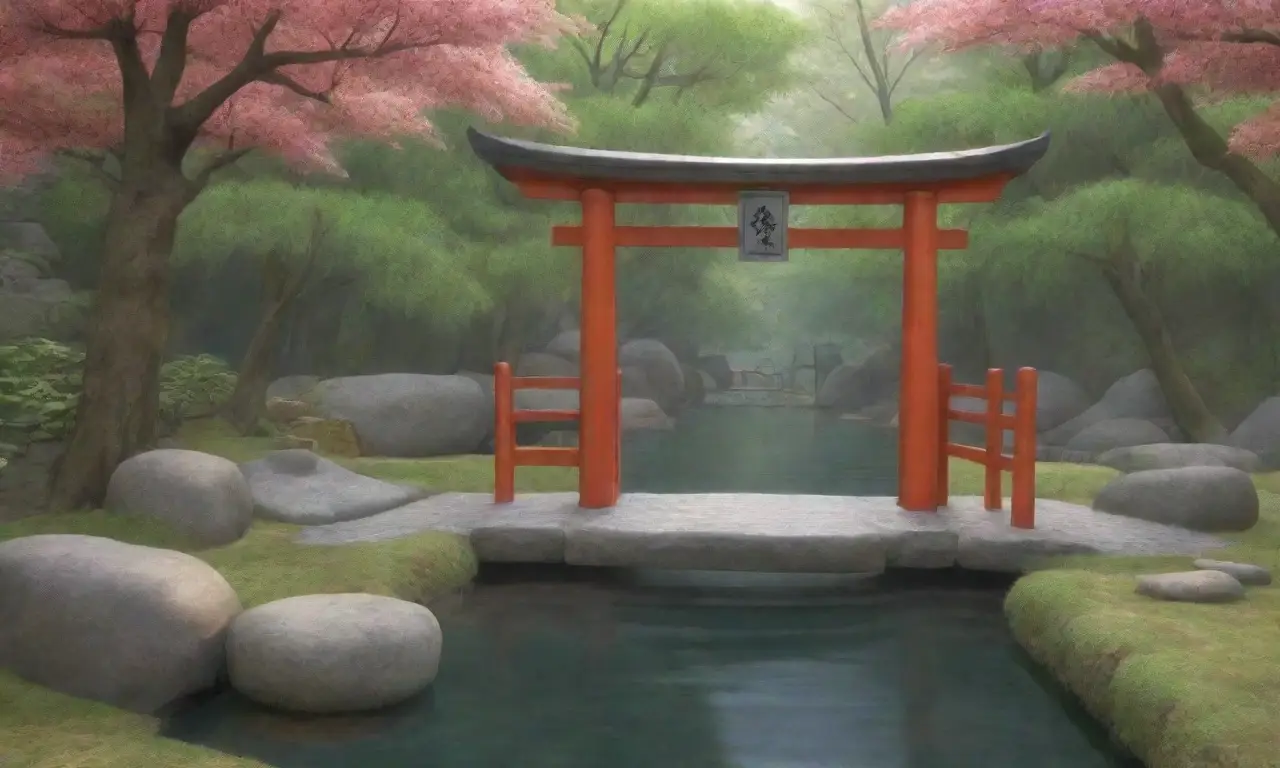 Un bosque sereno con cedros, un torii de piedra, un santuario pequeño, un estanque tranquilo y flores de cerezo, todo en armonía y reverencia