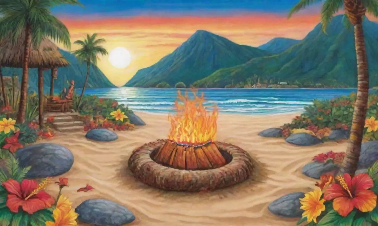 Un paisaje tropical vibrante lleno de colores, flora, tradiciones y elementos sagrados