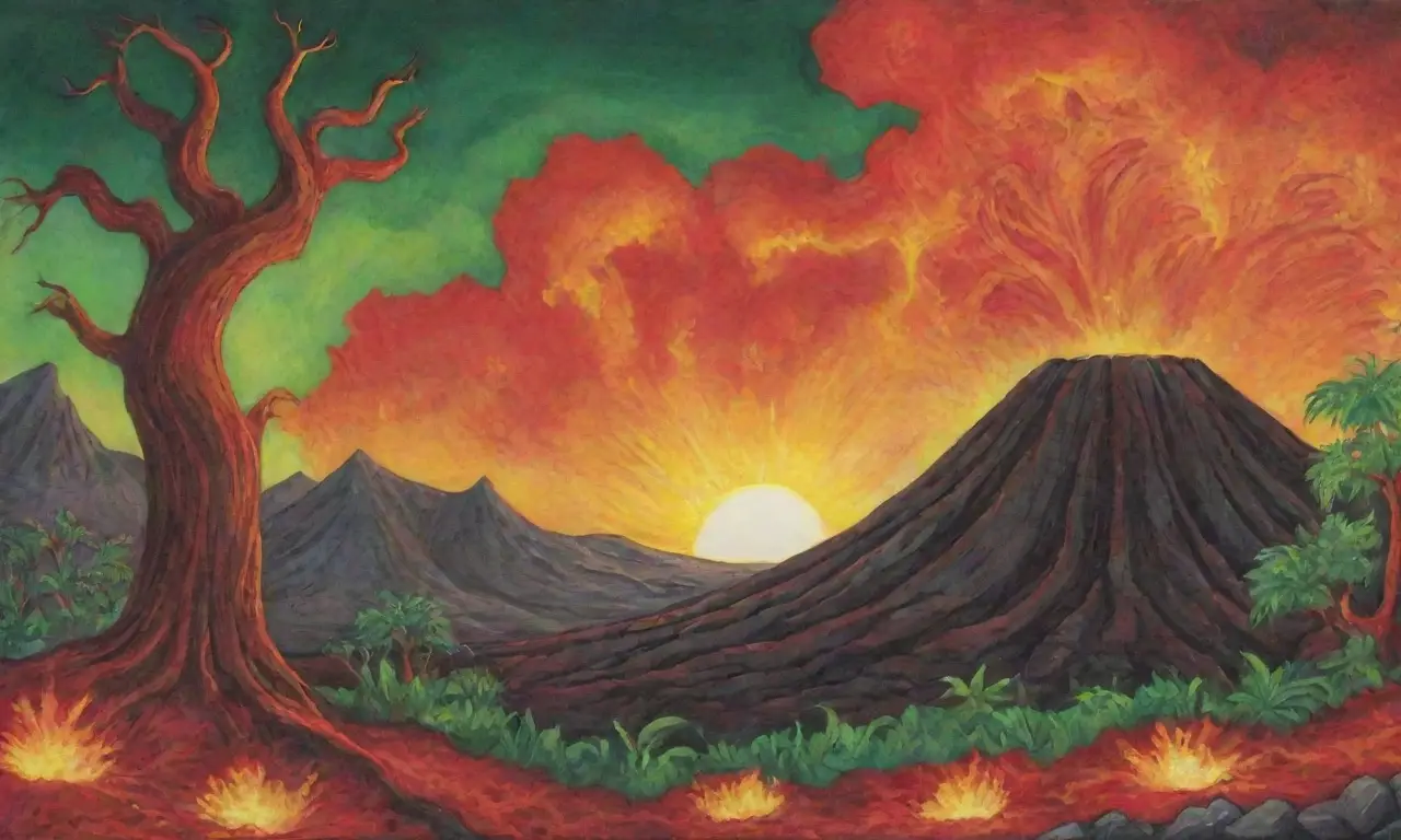 Un paisaje volcánico vibrante y poderoso, lleno de fuego, flora tropical y símbolos hawaianos