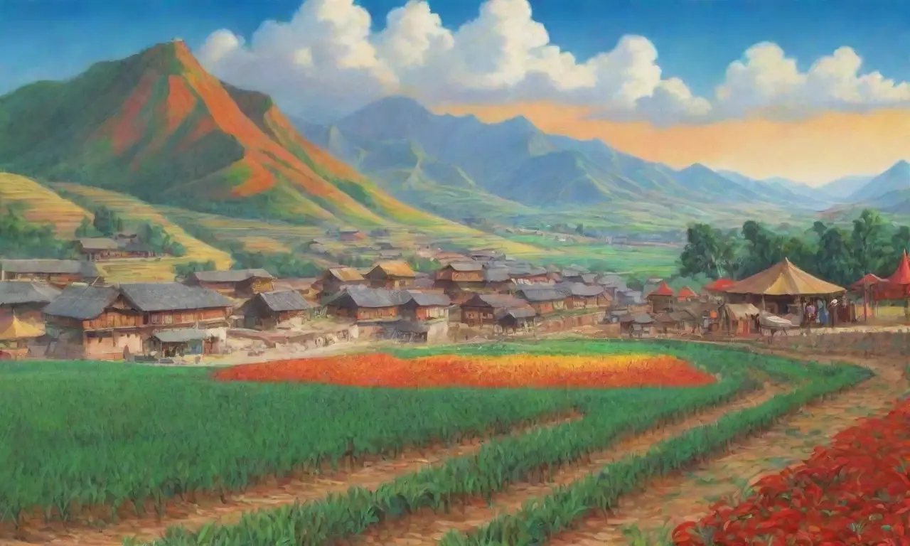 Un paisaje vibrante de campos verdes, agricultores, mercados y tradiciones que celebra la vida y la naturaleza