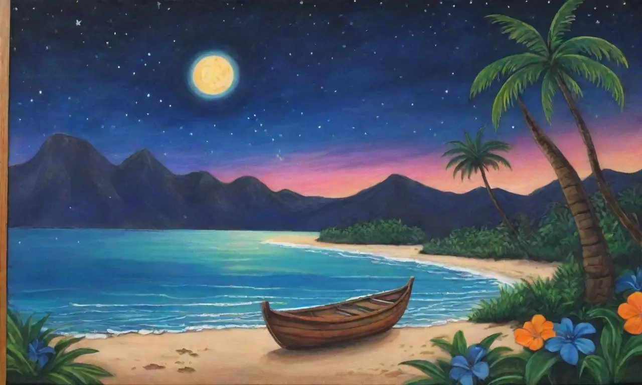 Un paisaje nocturno hawaiano lleno de estrellas, canoas, islas verdes y leyendas