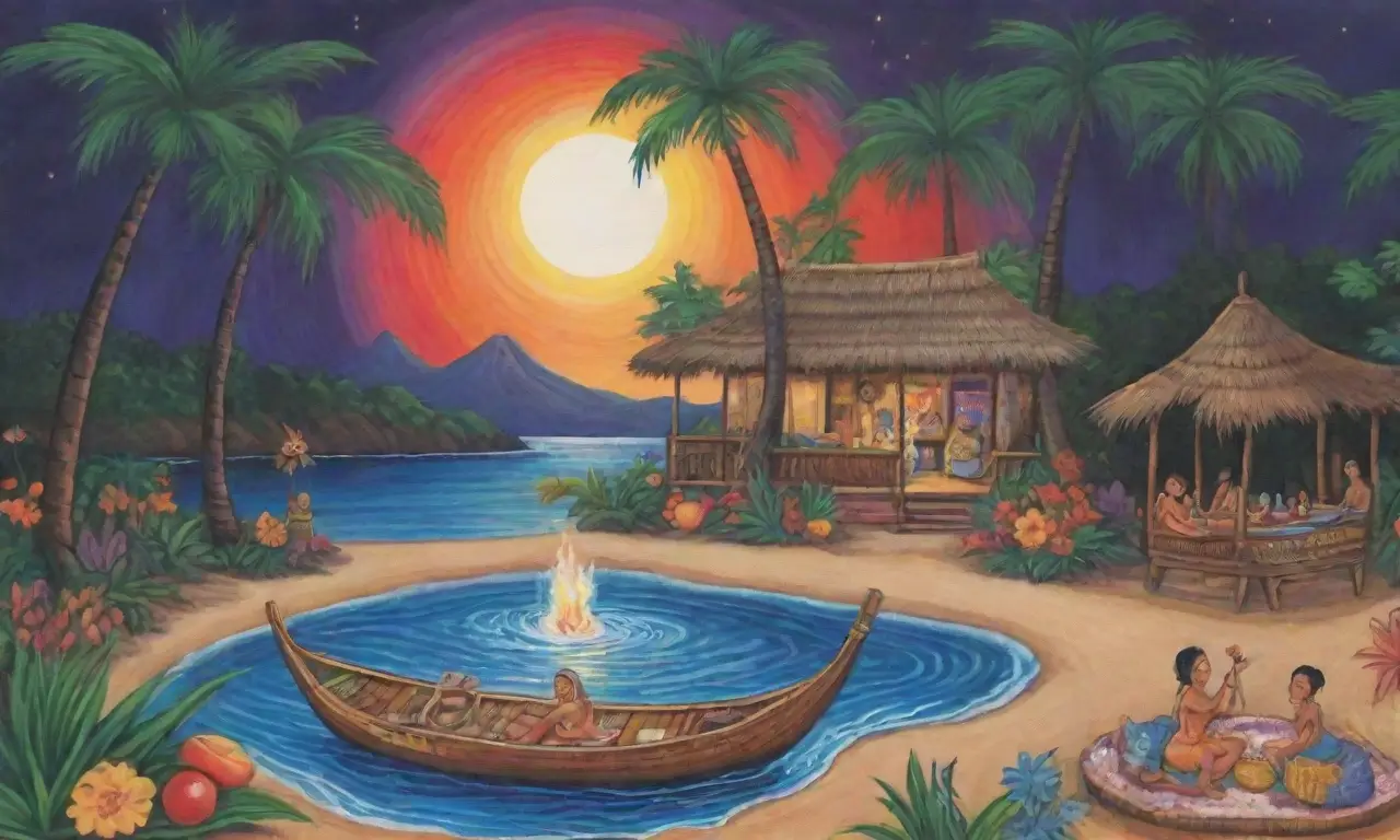 Un vibrante paisaje tropical fusiona colores, símbolos y cultura en una danza de vida y tradición