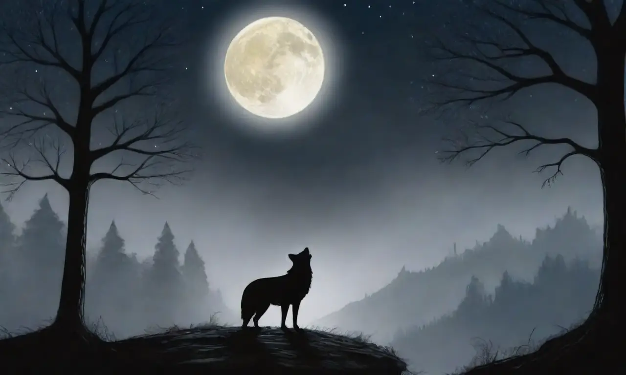 Un lobo solitario aúlla en un bosque oscuro y místico, rodeado de antiguas leyendas y un pequeño pueblo
