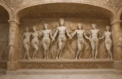 Un majestuoso muro de mármol con intrincadas tallas y escenas mitológicas que reflejan belleza y elegancia atemporal