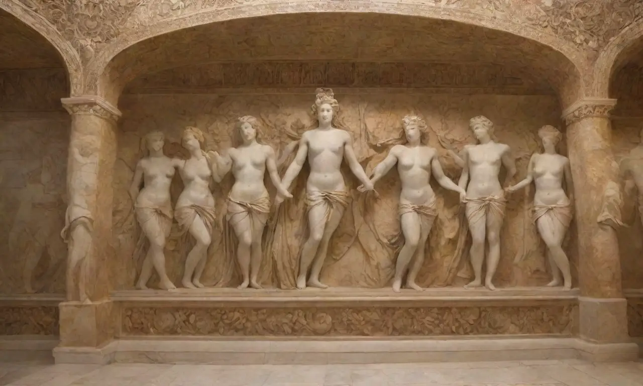 Un majestuoso muro de mármol con intrincadas tallas y escenas mitológicas que reflejan belleza y elegancia atemporal