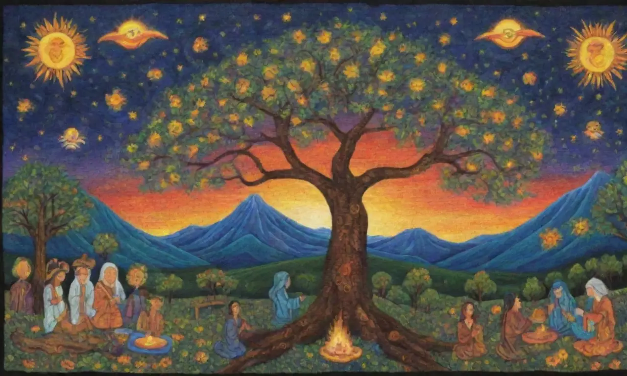 Un paisaje místico lleno de símbolos, criaturas y sabiduría ancestral