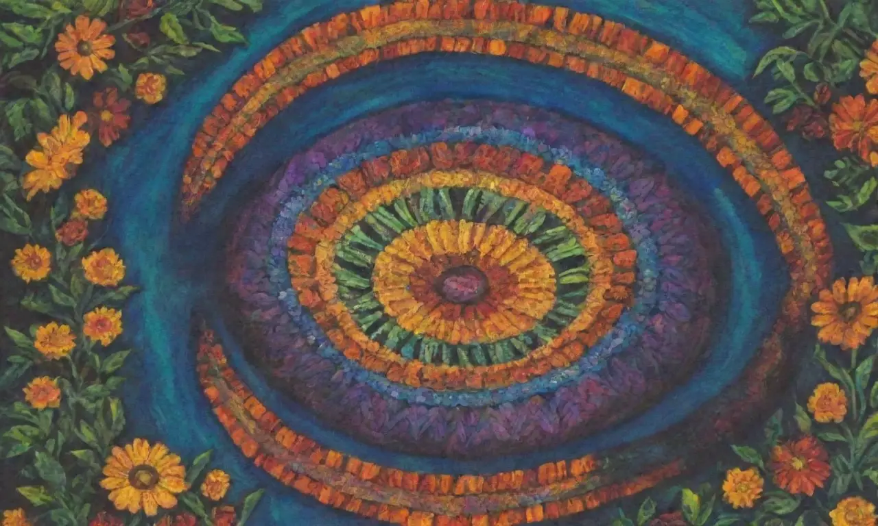 Un vibrante paisaje ceremonial lleno de colores, símbolos y tradiciones ancestrales
