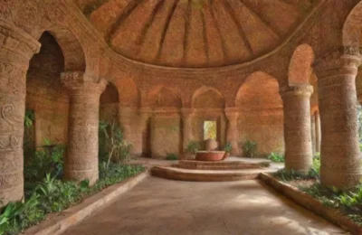 Colores vibrantes y patrones geométricos se entrelazan en un entorno de selva con pirámides y arte que fusiona lo antiguo y lo moderno
