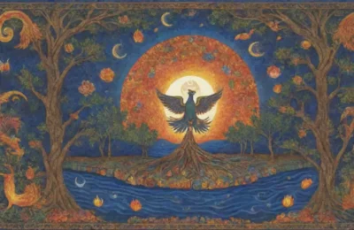 Un tapiz vibrante de colores y símbolos sagrados que entrelazan mitología y espiritualidad