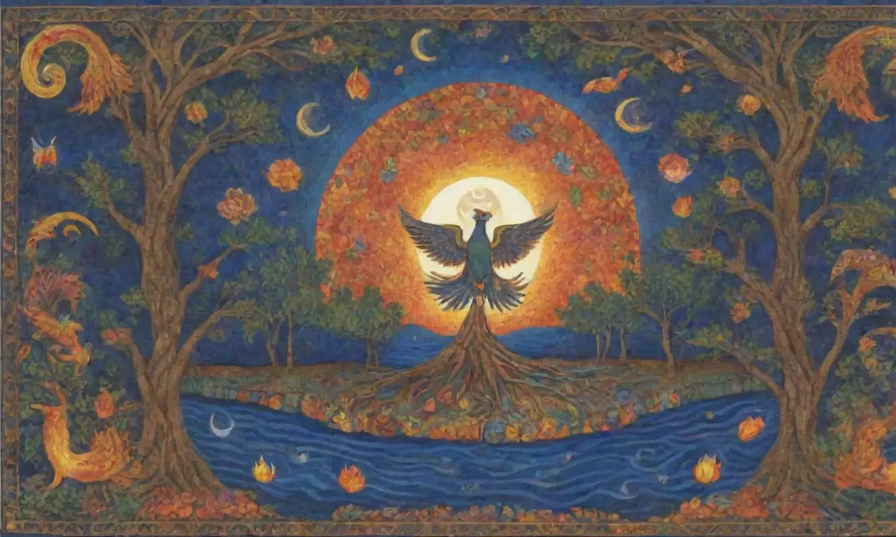 Un tapiz vibrante de colores y símbolos sagrados que entrelazan mitología y espiritualidad