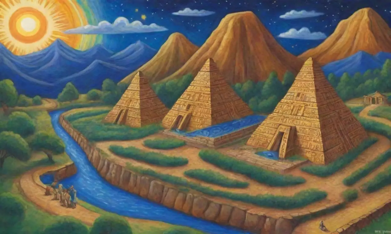Un paisaje antiguo lleno de símbolos sagrados y elementos cósmicos
