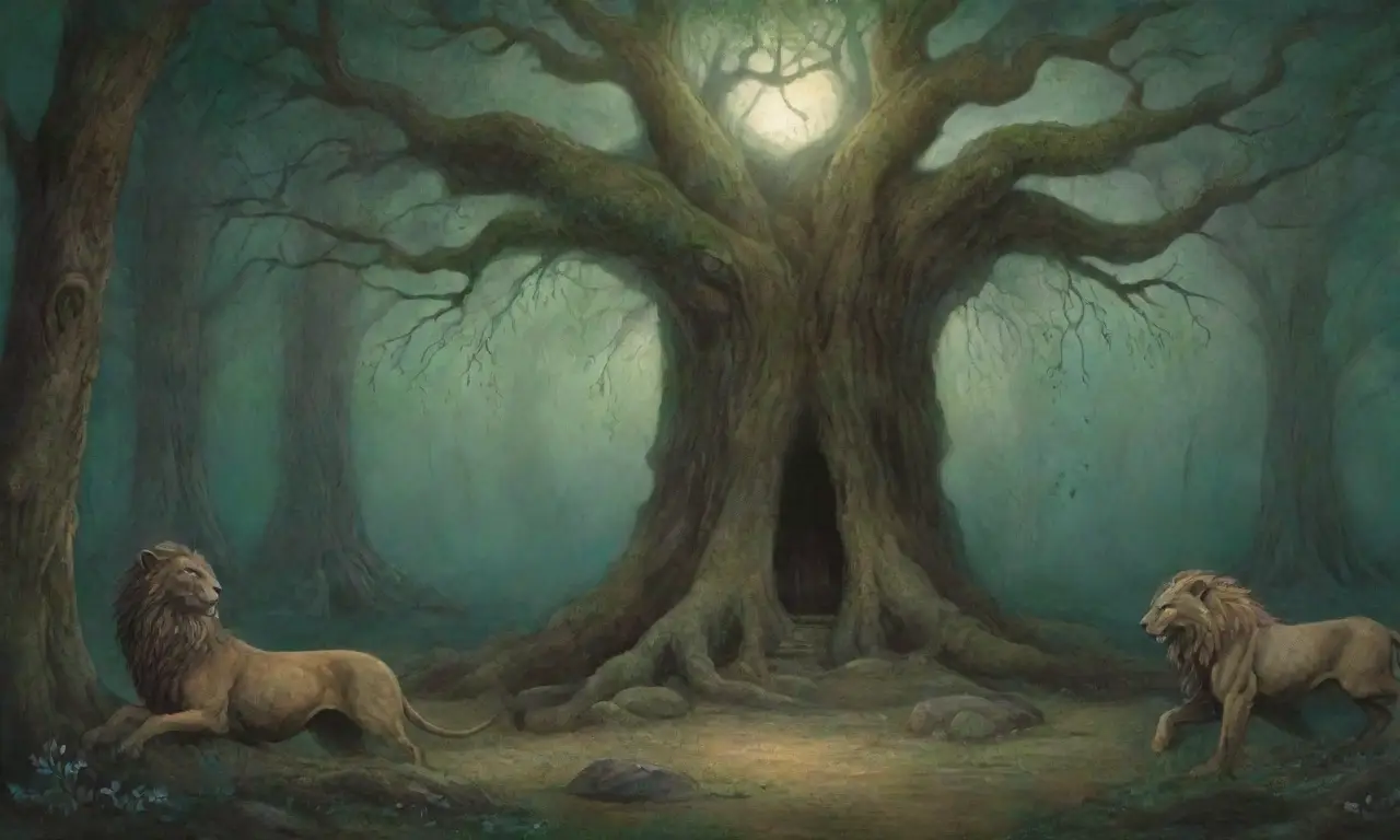 Un bosque oscuro y místico con un altar de piedra y criaturas talladas en un entorno lleno de misterio y leyendas