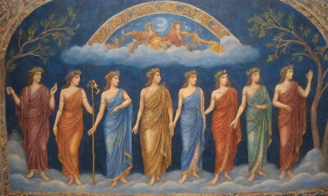 Un mural vibrante que fusiona dioses griegos y romanos en un paisaje de colores ricos y mitología