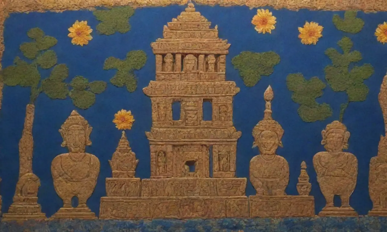 Un antiguo templo lleno de símbolos sagrados y arte vibrante
