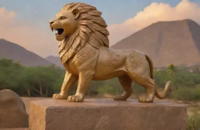 Estatua de león dorado en un desierto iluminado