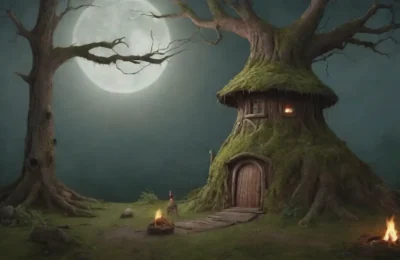 Un bosque oscuro con árboles retorcidos