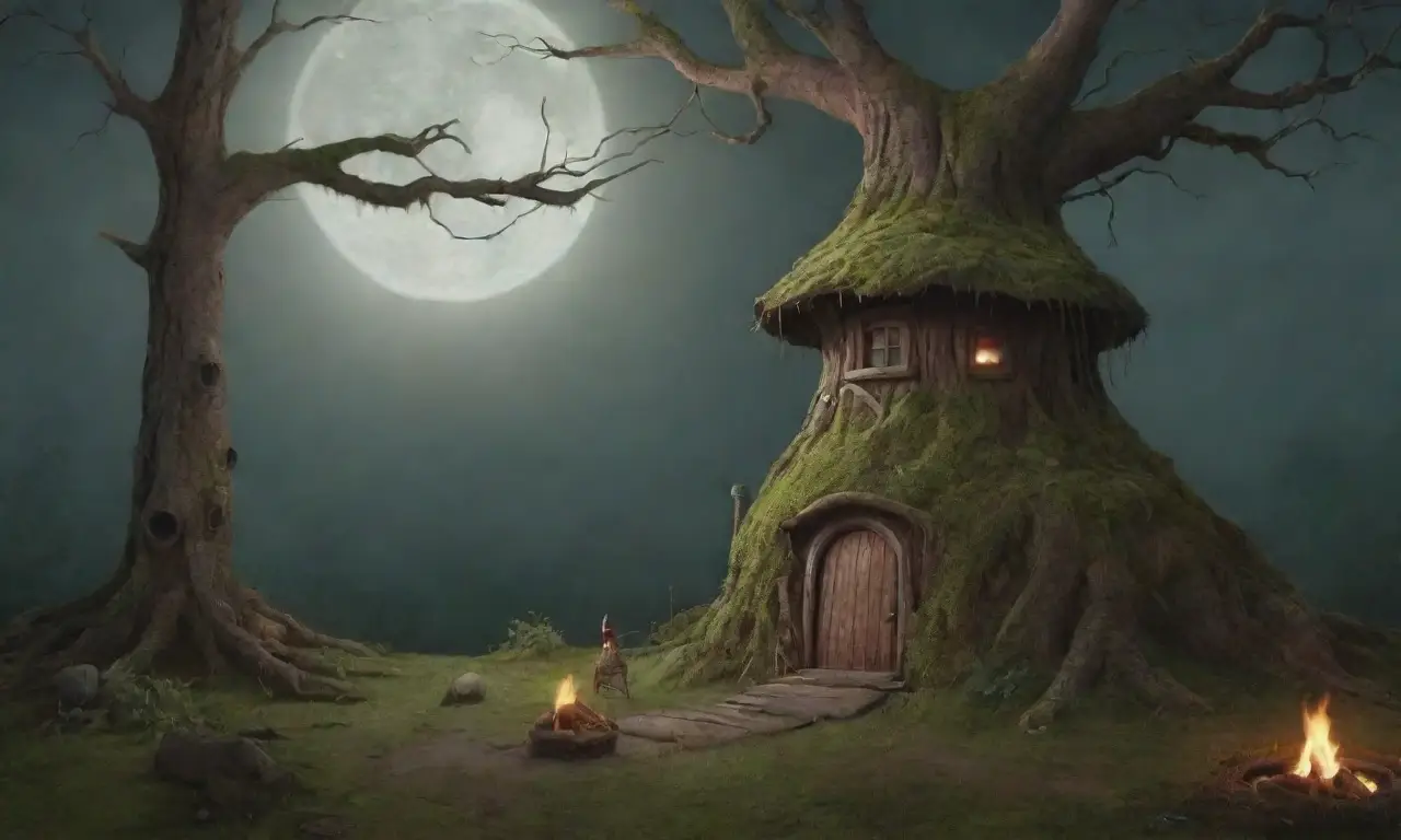 Un bosque oscuro con árboles retorcidos