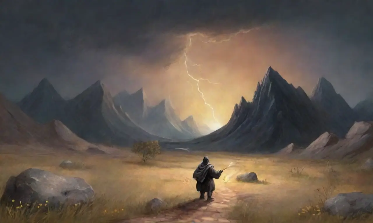 Un paisaje de tormenta y esperanza, donde un solitario figura desafía la adversidad