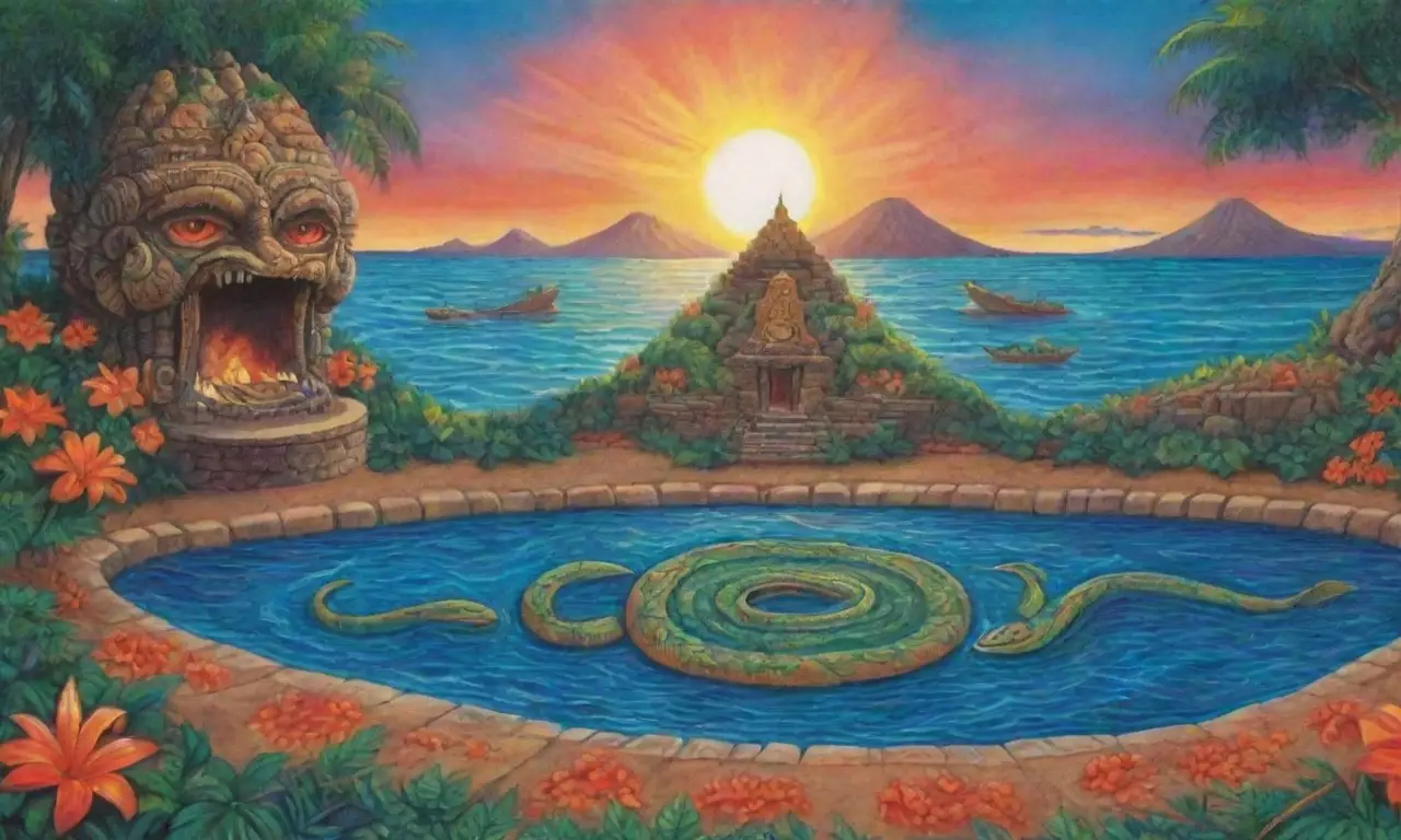 Un paisaje vibrante con serpientes, flores, tambores y un altar sagrado bajo un atardecer colorido