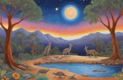 Un paisaje vibrante lleno de símbolos aborígenes