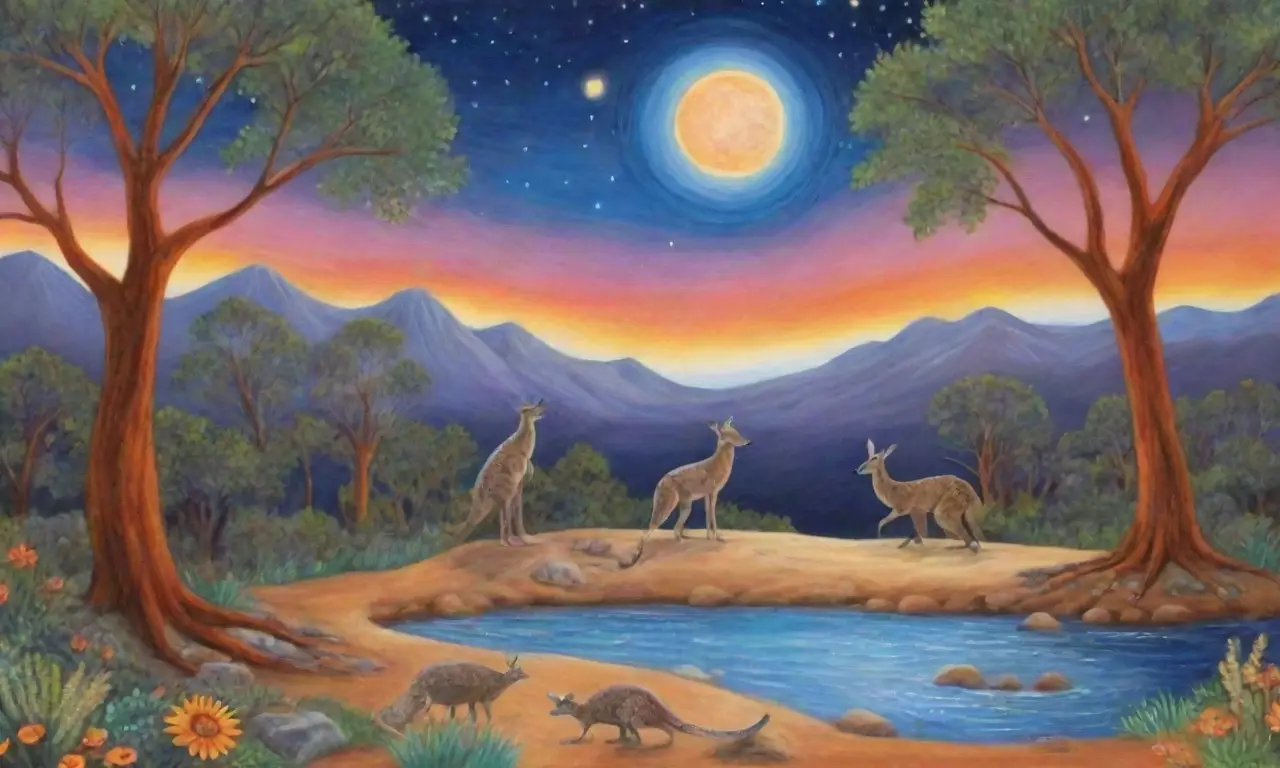 Un paisaje vibrante lleno de símbolos aborígenes