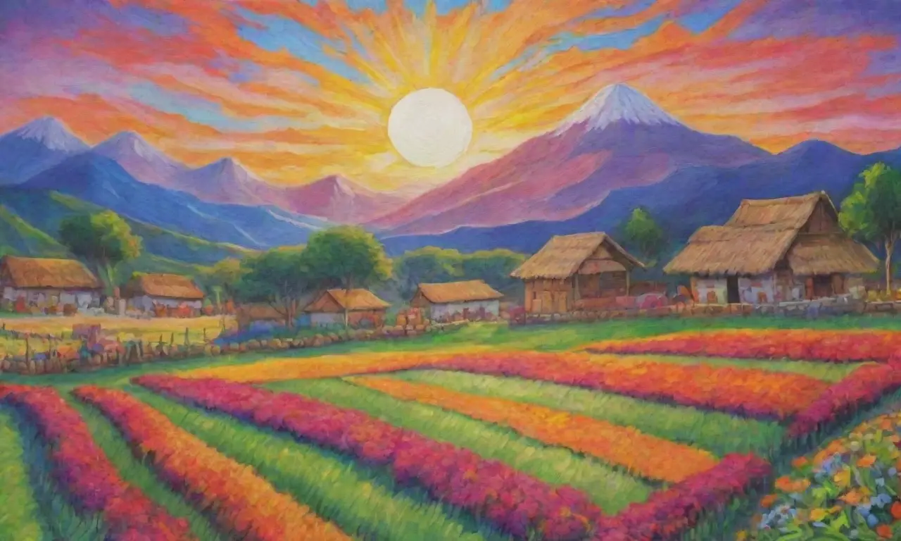 Campos verdes vibrantes, cultivos dorados, cielo azul, símbolos incas, textiles coloridos, montañas imponentes y tradiciones vivas