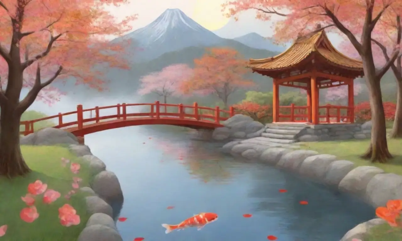 Un paisaje sereno de otoño con templos, familias en kimonos y naturaleza vibrante