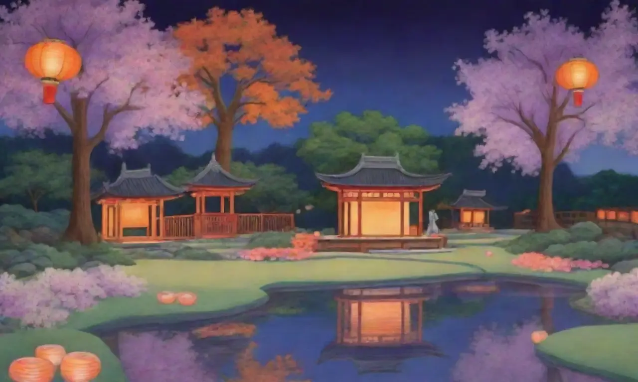 Un paisaje japonés sereno con familias, linternas brillantes, ofrendas coloridas y un ambiente de paz