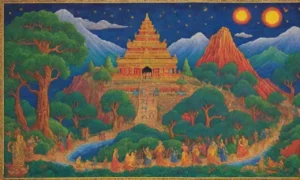 Un paisaje antiguo y místico lleno de símbolos