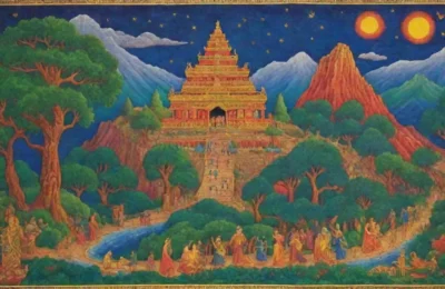 Un paisaje antiguo y místico lleno de símbolos