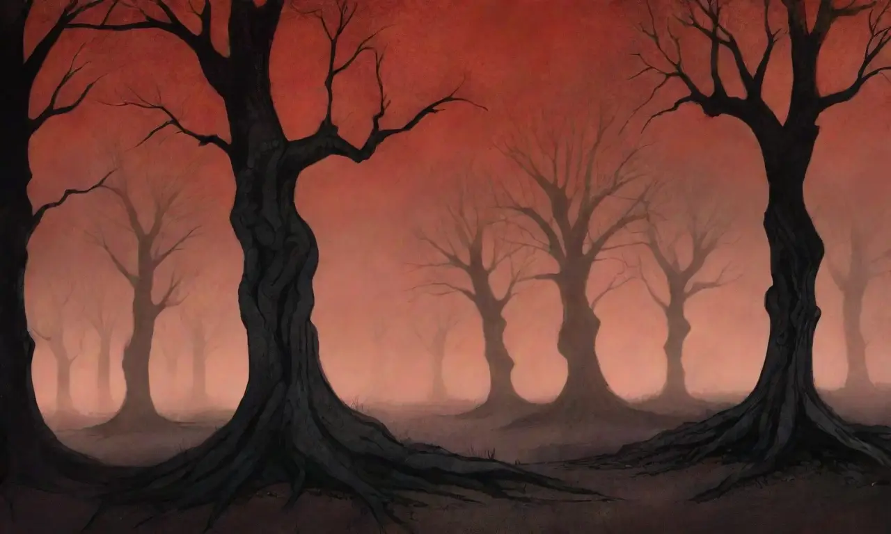 Un bosque oscuro y misterioso, lleno de ecos de batallas pasadas y sombras de almas perdidas