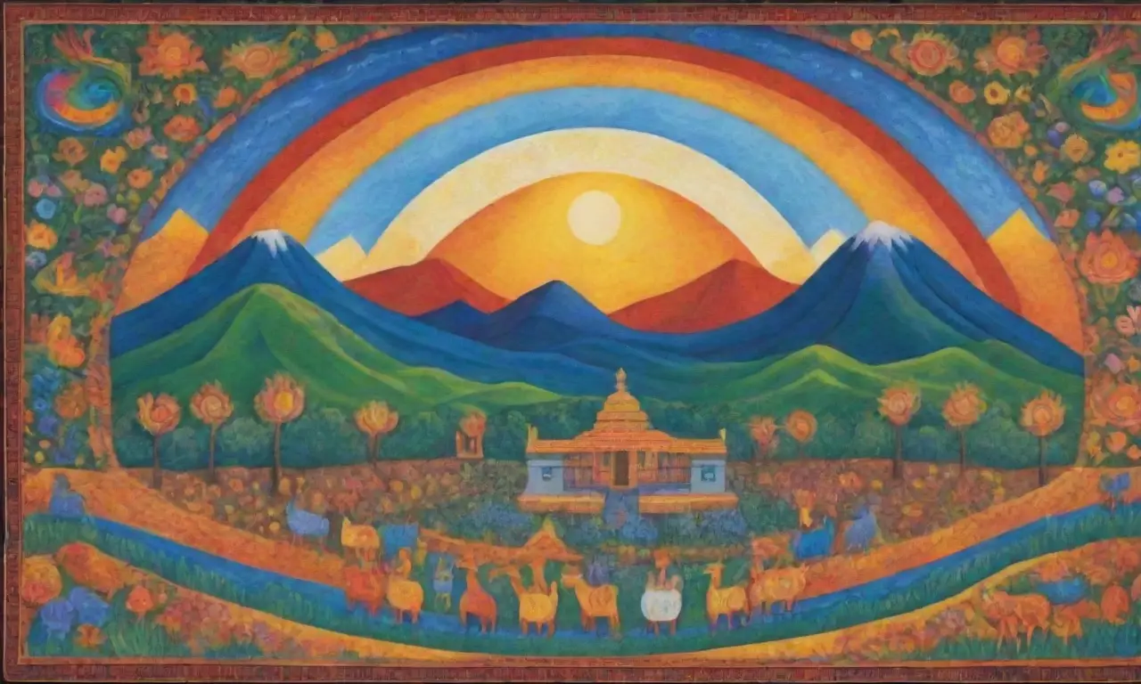 Un vibrante paisaje cultural lleno de símbolos, colores y elementos sagrados