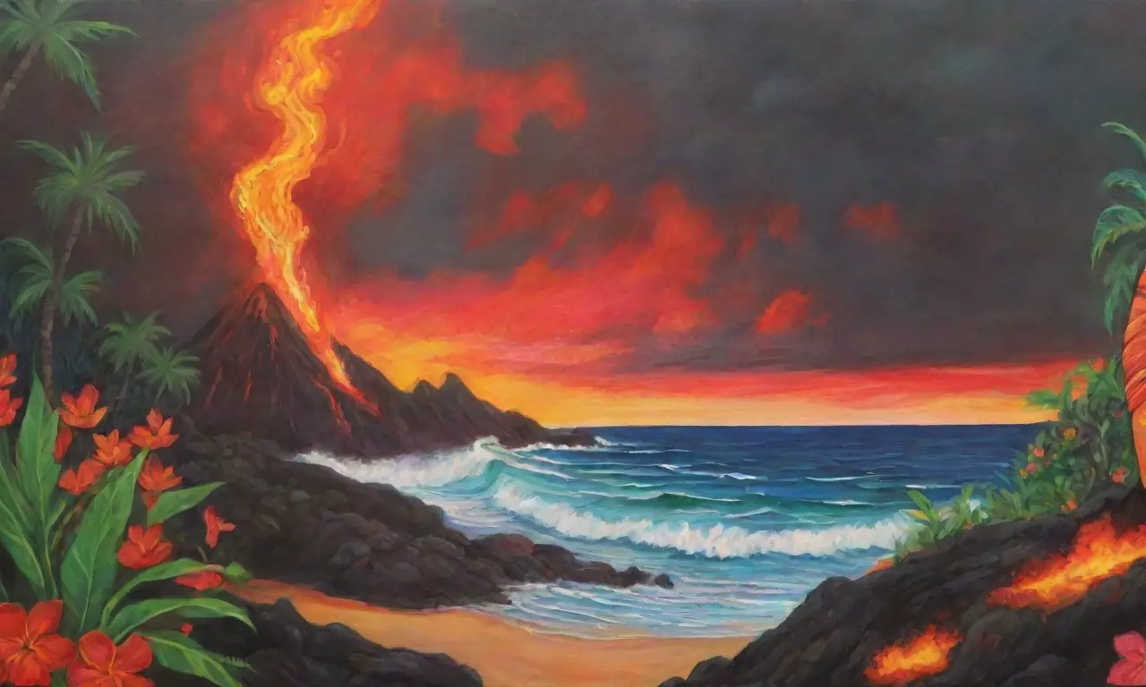 Un paisaje volcánico vibrante combina fuego, flora y simbolismo hawaiano en un espectáculo de poder y belleza