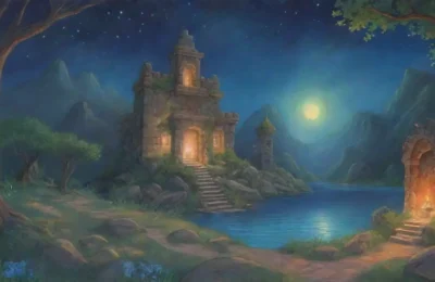 Un paisaje mágico y misterioso lleno de ruinas antiguas