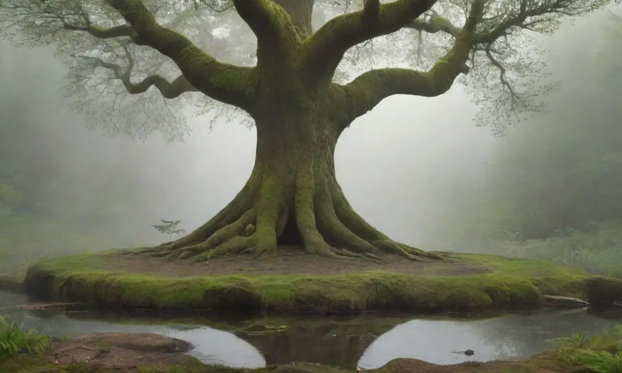 Un bosque brumoso con árboles antiguos