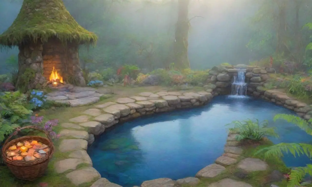 Un paisaje sereno con agua, piedras antiguas, flores vibrantes y elementos sagrados