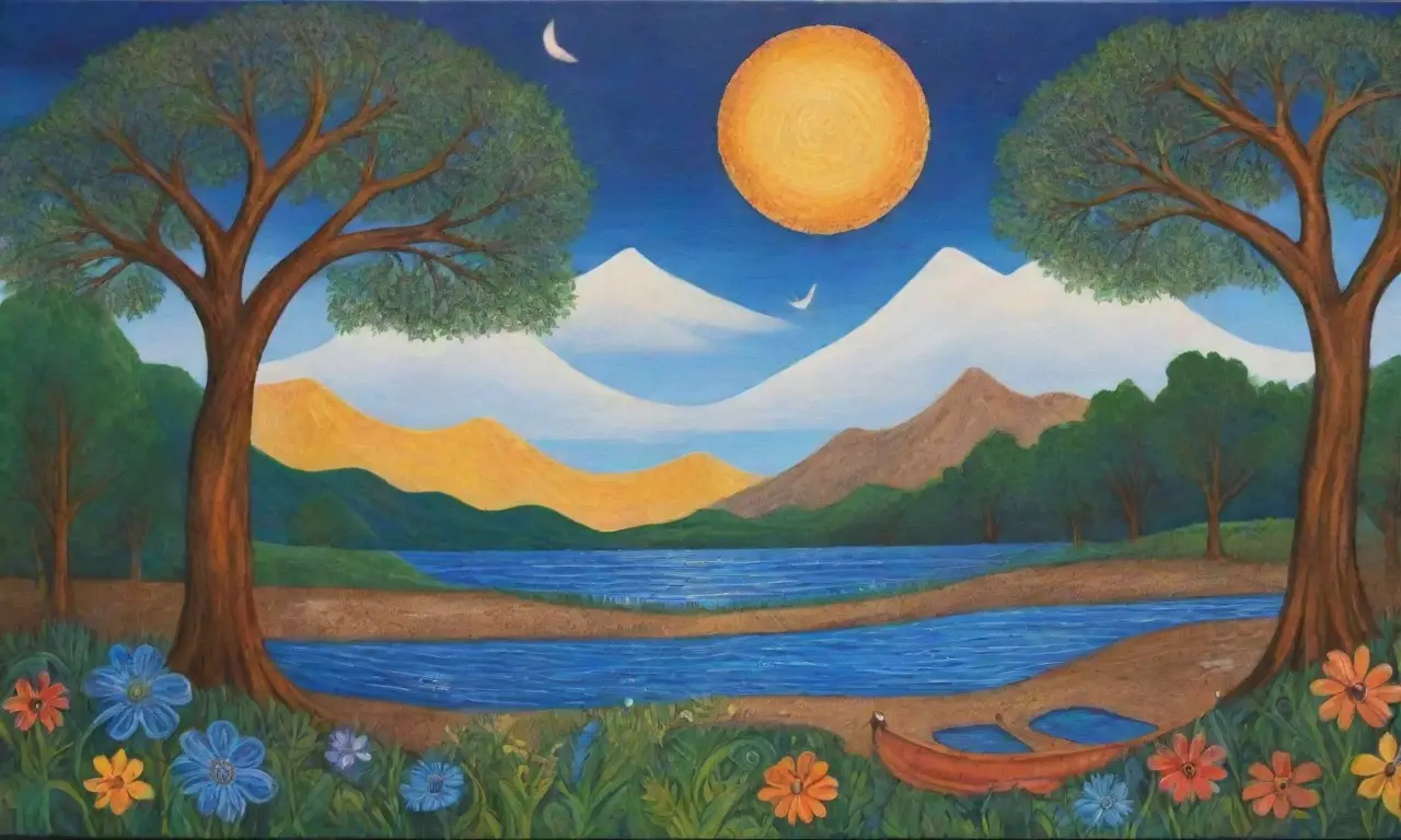 Un mural vibrante de Baiame rodeado de naturaleza, colores y símbolos que capturan la esencia de la creación
