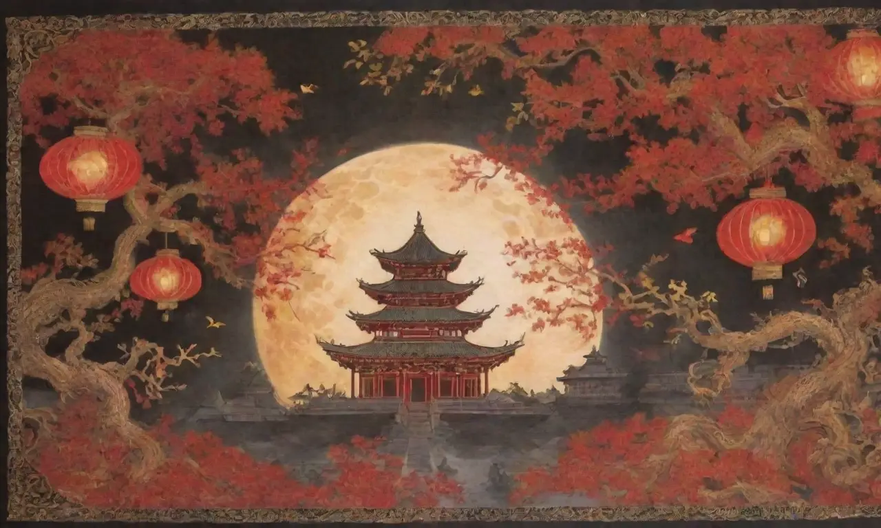 Un fondo oscuro con patrones rojos y dorados, templos antiguos, dragones, linternas brillantes y un aire de misterio
