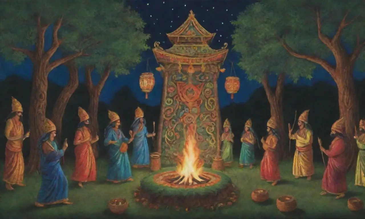 Un vibrante ritual sagrado con danzas, símbolos antiguos y naturaleza envolvente