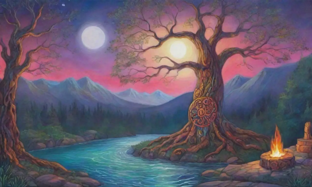 Un paisaje mágico de colores vibrantes, un árbol central y figuras etéreas rodeadas de naturaleza y misterio