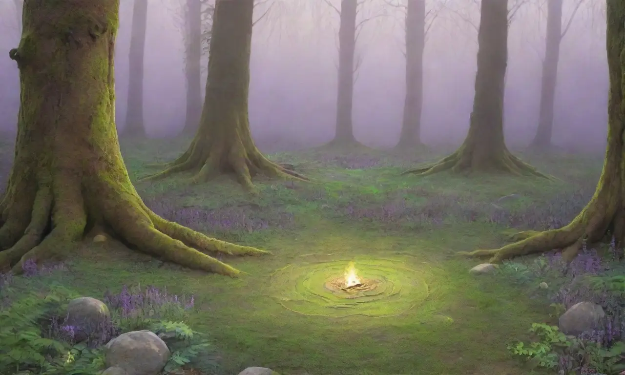 Un bosque mágico y vibrante, lleno de luz, criaturas míticas y un aura de celebración