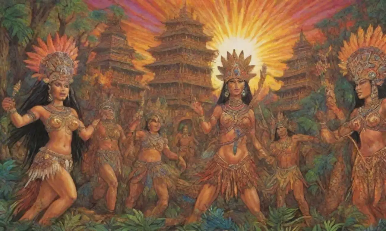 Un vibrante mosaico de guerreros, símbolos sagrados y naturaleza que celebra la fuerza y la espiritualidad