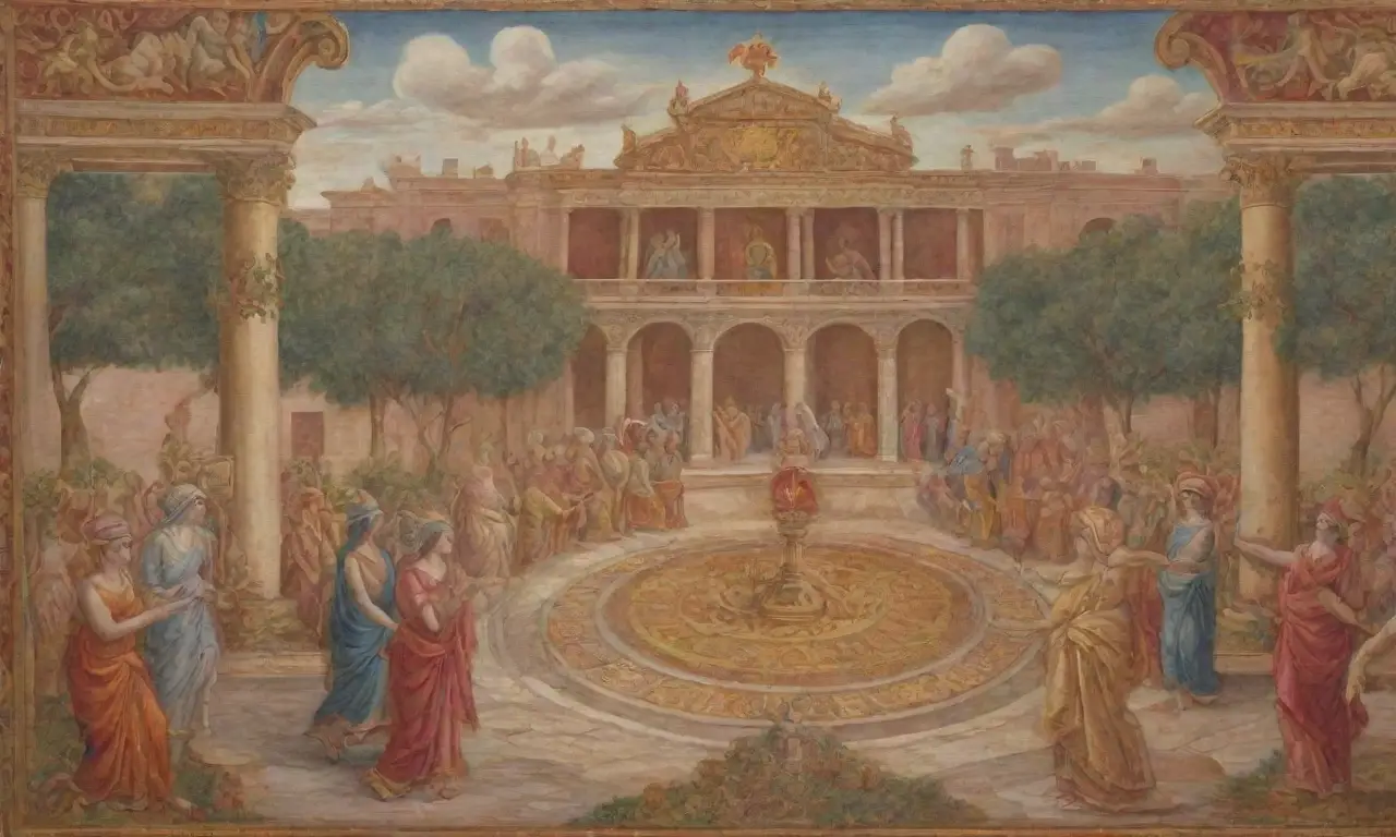 Un vibrante tapiz de vida en un antiguo mercado romano lleno de símbolos de fortuna y elegancia