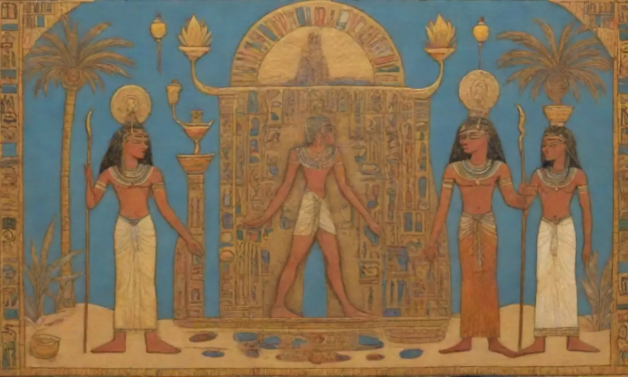 Un paisaje egipcio antiguo lleno de símbolos sagrados, colores vibrantes y una atmósfera de reverencia