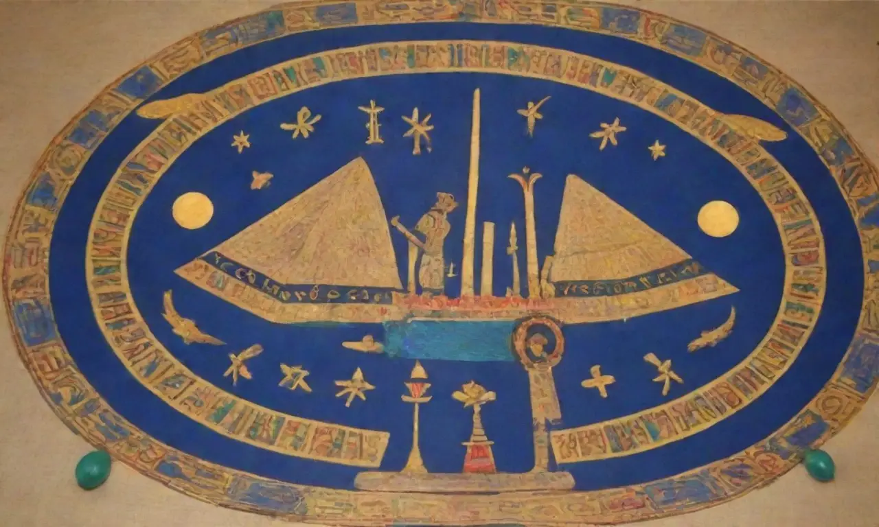Motivos egipcios antiguos con jeroglíficos vibrantes y un fondo azul profundo
