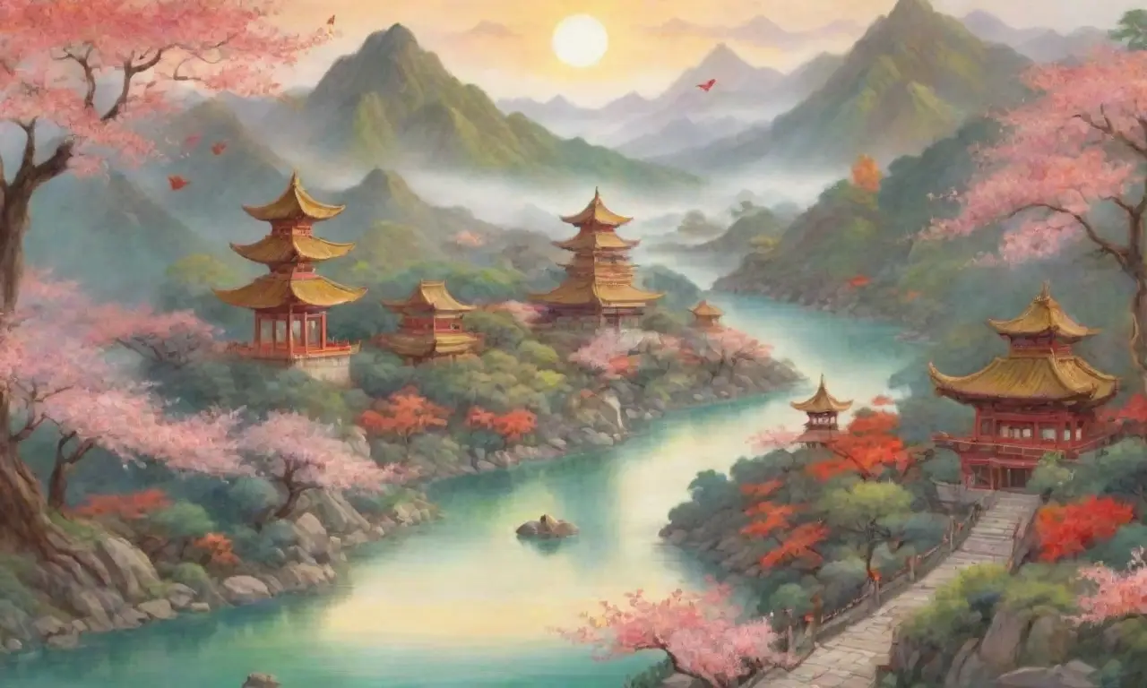 Un paisaje chino vibrante y elegante se despliega con montañas, ríos, flores y mitología