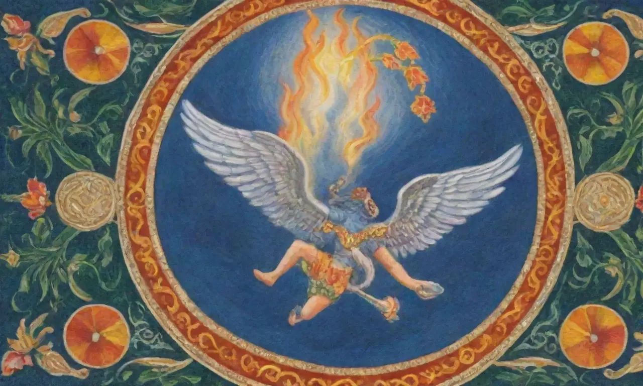 Un fondo celeste con patrones dorados, sandalias aladas de Mercurio, un caduceo plateado, llamas vibrantes, nubes delicadas, un sol radiante, hojas de laurel verdes, estrellas brillantes, una moneda romana antigua, pergaminos dispersos, un cáliz plateado, luz etérea, querubines juguetones, columnas ornamentadas, texturas ricas y un mosaico de gemas coloridas