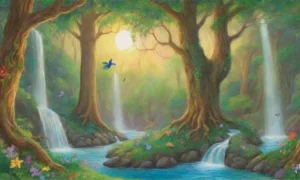 Una jungla vibrante y mágica llena de criaturas y luces encantadoras