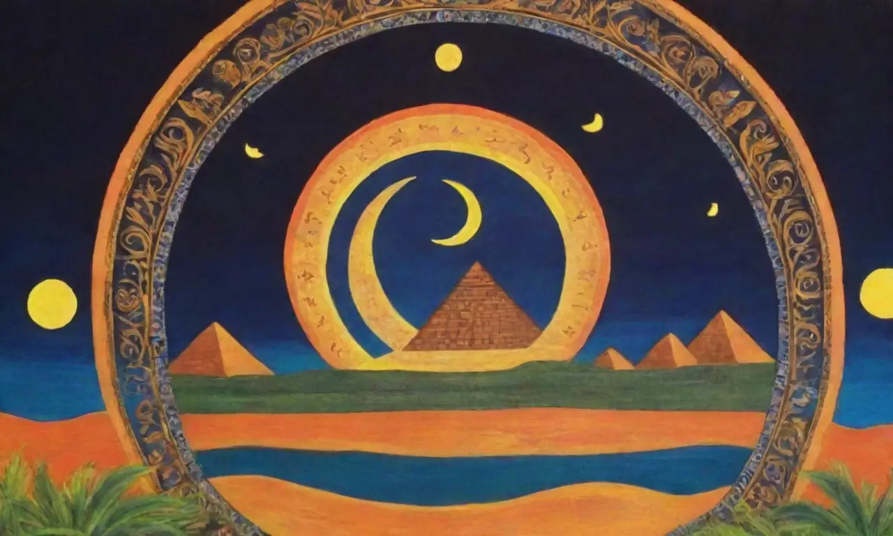 Un paisaje místico egipcio con sol, luna, dioses, pirámides y naturaleza vibrante