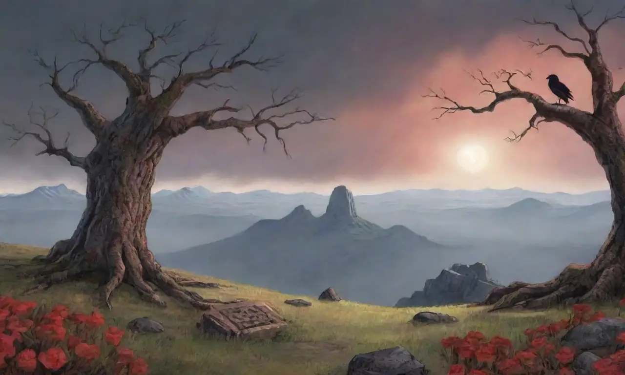 Un paisaje sombrío y místico evoca historias de batallas pasadas y un profundo sentido de pérdida